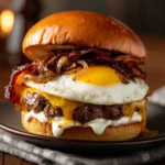 Hangover Burger with beef bacon, fried egg, and cheese