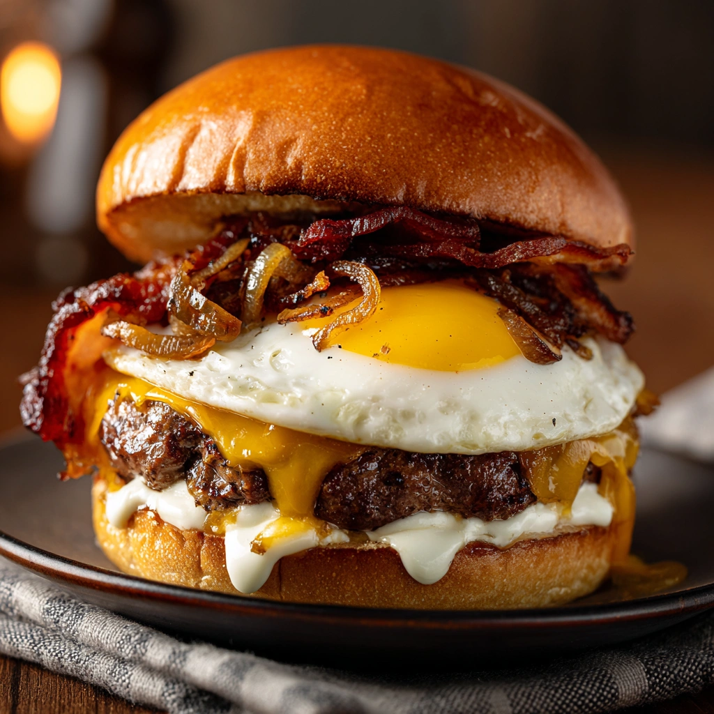 Hangover Burger with beef bacon, fried egg, and cheese