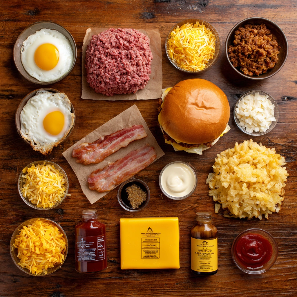 hangover-burger-ingredients.webp Ingredients for a classic Hangover Burger laid out