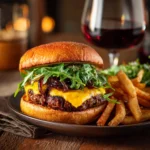 Kobe Burger served with truffle fries and red wine on a wooden table