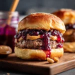 Close-up of a gourmet PBJ burger with peanut butter and grape jelly on a brioche bun