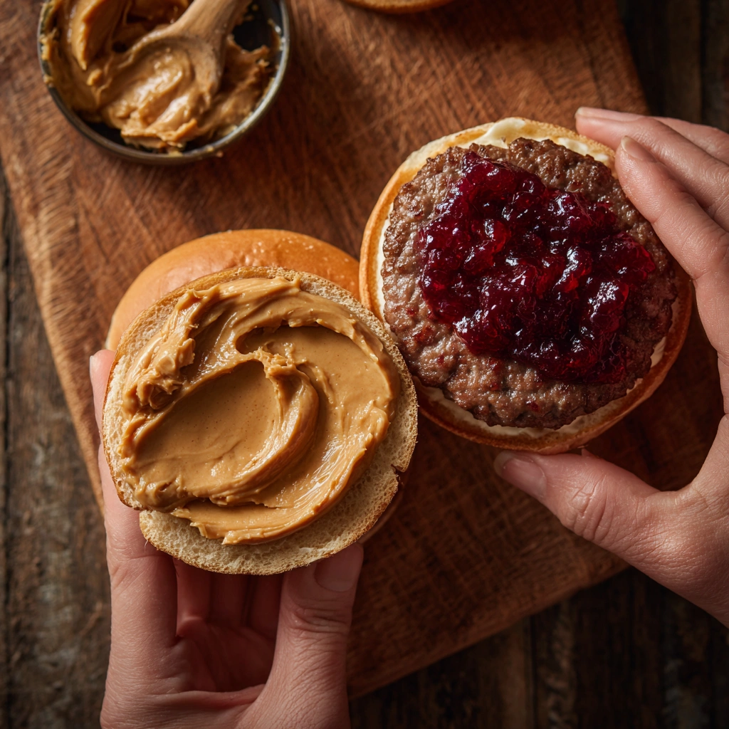 pbj-burger-assembly-step-by-step.webp Step-by-step PBJ burger assembly with peanut butter, jelly, and beef patty