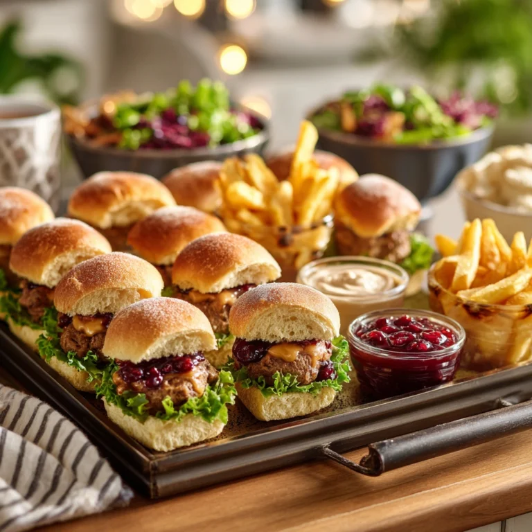 PBJ Burger: A Savory-Sweet Twist on an Iconic Dish 3 Mini PBJ burgers served on a platter with dips and salad