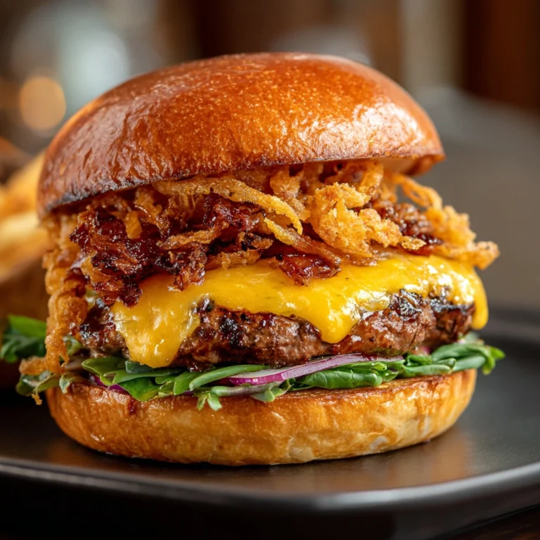 Steakhouse Burger: 5 Must-Know Secrets Behind Its Rich Flavor 3 Juicy steakhouse burger stacked with cheddar cheese, crispy onions, lettuce, and tomato on a toasted brioche bun.