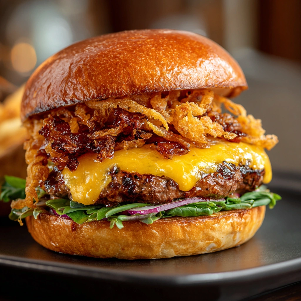 Juicy steakhouse burger stacked with cheddar cheese, crispy onions, lettuce, and tomato on a toasted brioche bun.
