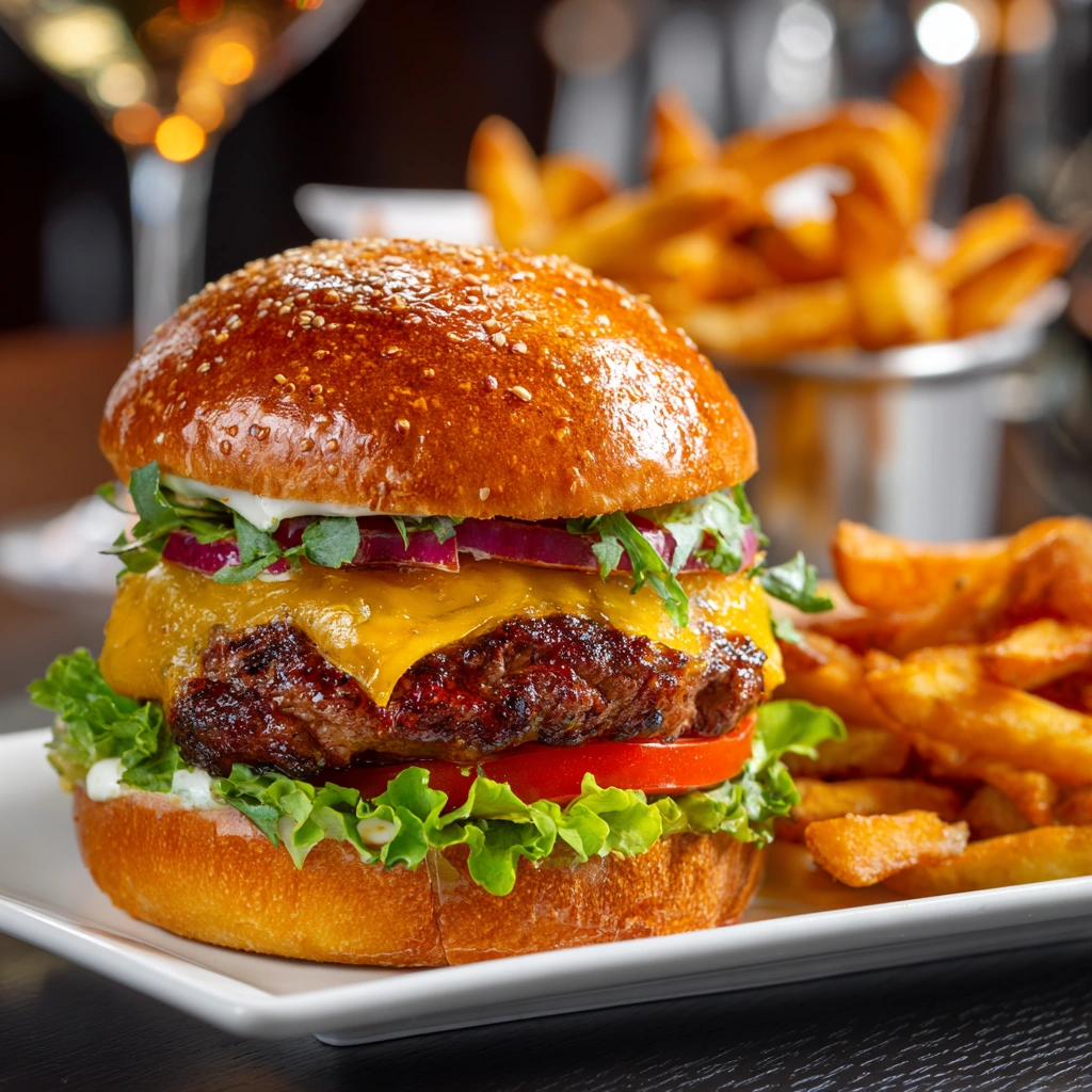 Steakhouse-Burger-with-Swiss-Cheese.webp Close-up of a grilled steakhouse burger with smoky BBQ sauce and melted Swiss cheese, served with fries.