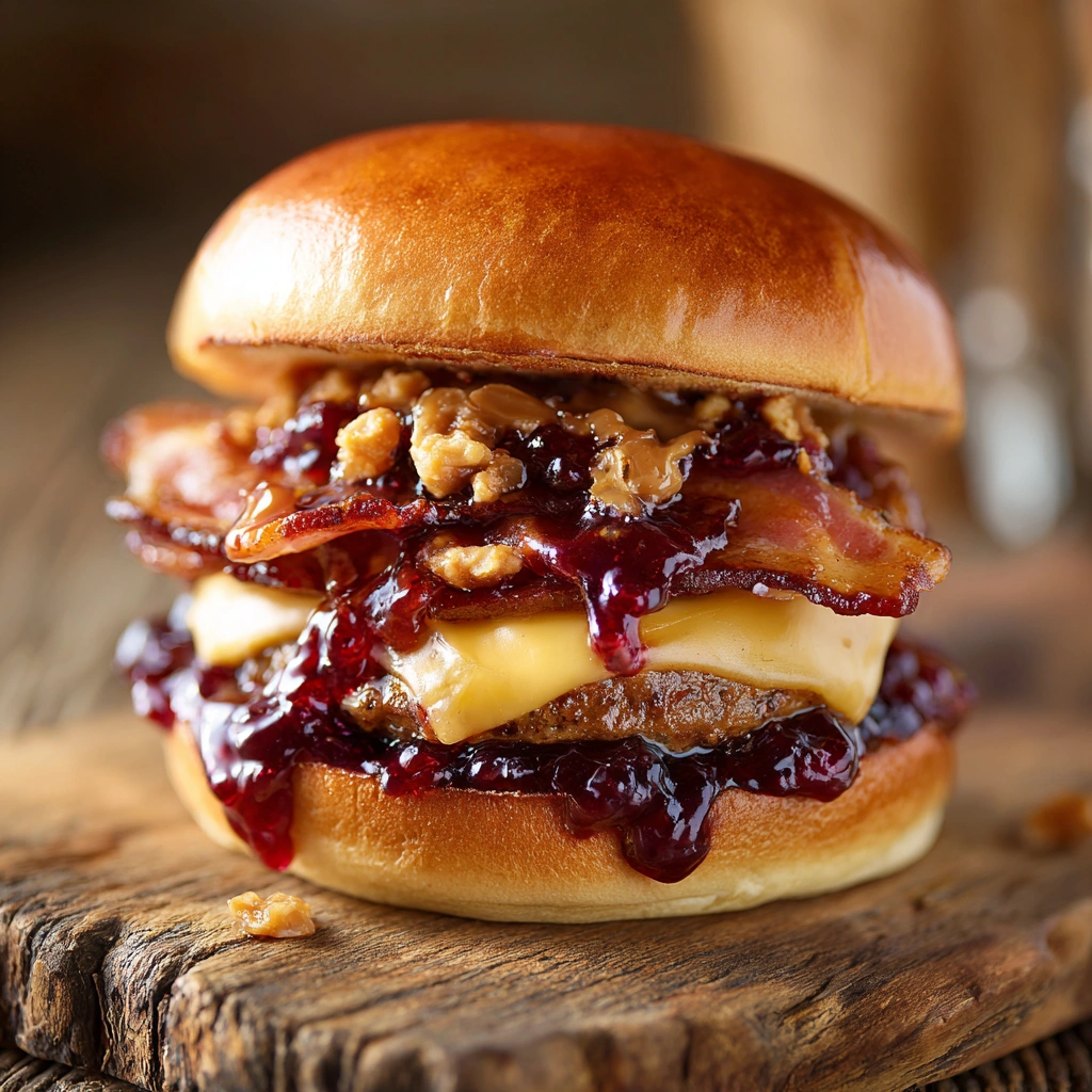 Peanut butter and jelly burger with bacon, cheese, and jelly on brioche bun