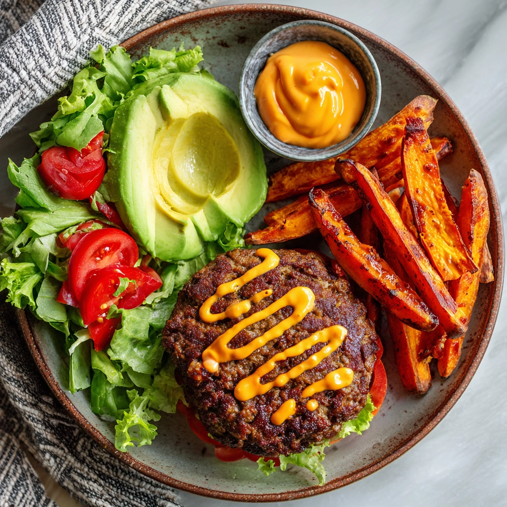 hangover-burger-no-bacon-healthy.webp Hangover Burger – No Bacon served with sweet potato fries and avocado