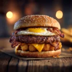 Close-up of Carl’s Jr Hangover Burger with egg, bacon, and hash rounds