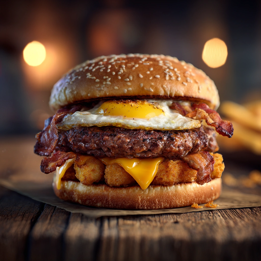 Close-up of Carl’s Jr Hangover Burger with egg, bacon, and hash rounds