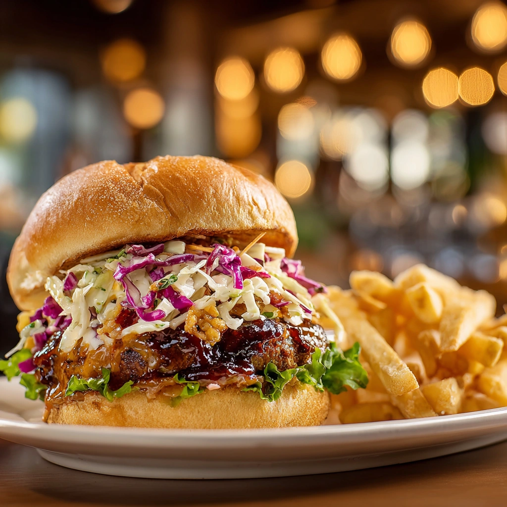 Lazy Dog peanut butter and jelly burger with fries and coleslaw