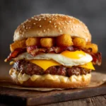 Close-up of Carl’s Jr Hangover Burger with bacon, egg, cheese, and hash rounds