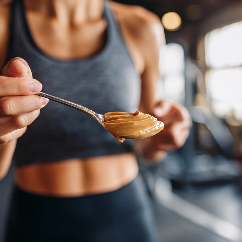 fitness-natural-peanut-butter-protein.webp Spoon of natural peanut butter held by a person after workout