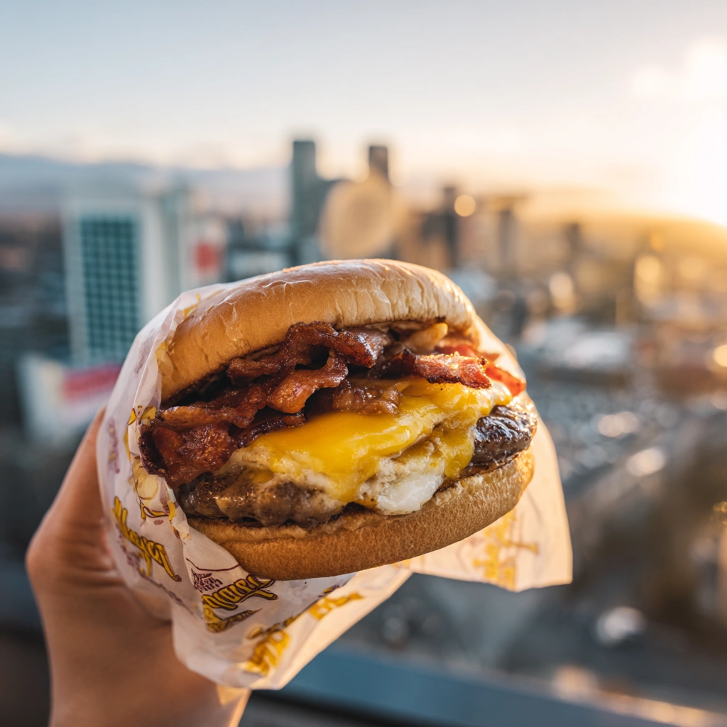 carls-jr-burger-in-hand.webp Hand holding a Carl’s Jr Hangover Burger in branded wrapping