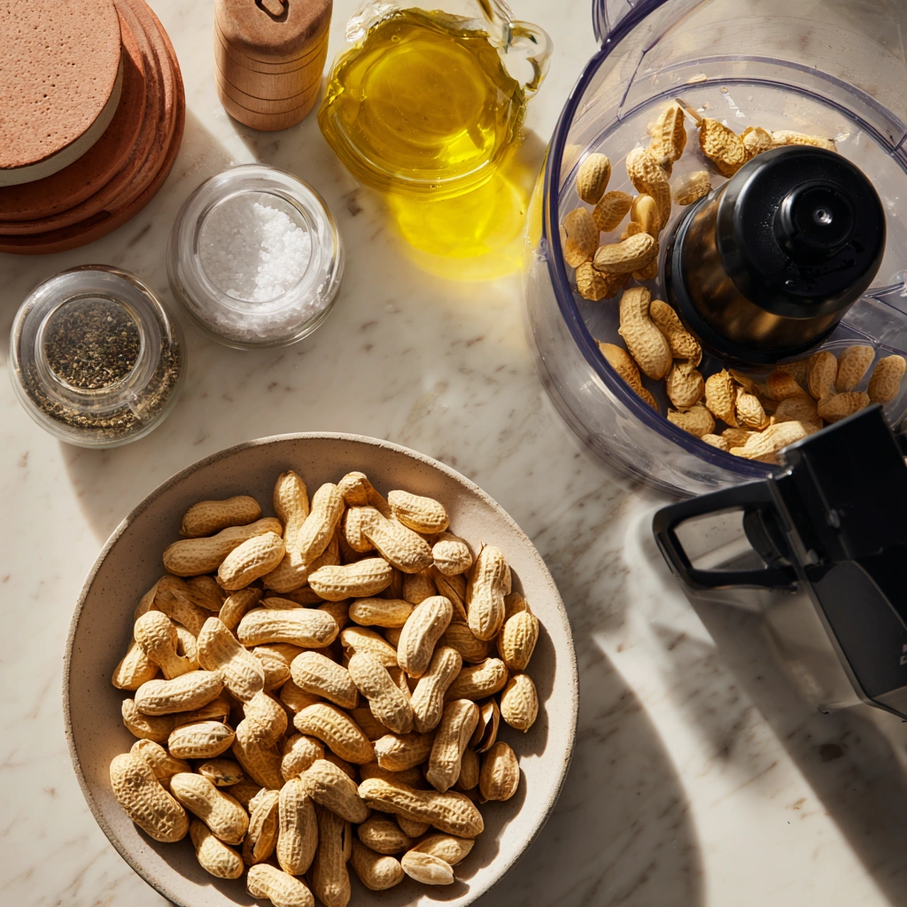ingredients-health-benefits-natural-peanut-butter.webp Raw peanuts and ingredients for natural peanut butter