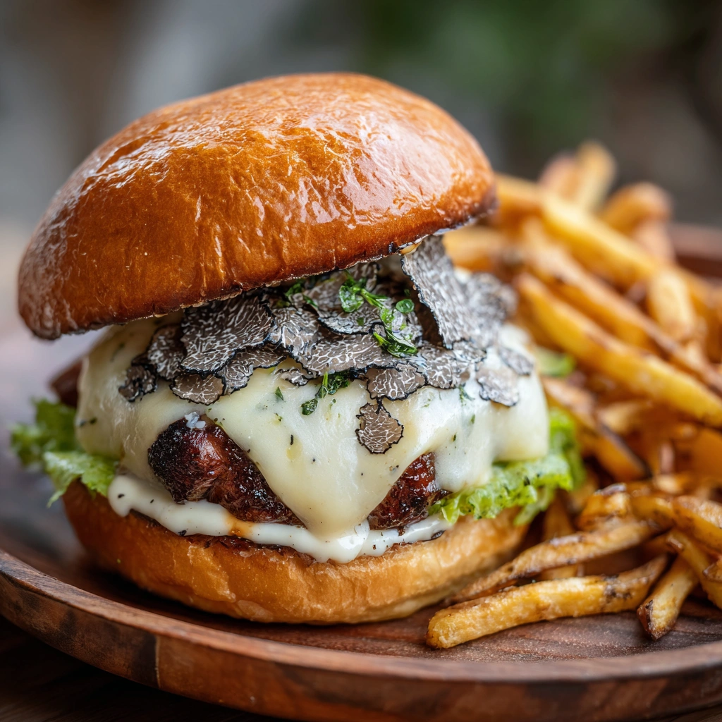truffle-burger-sides-wine-pairing.webp ruffle burger with sides and wine pairing