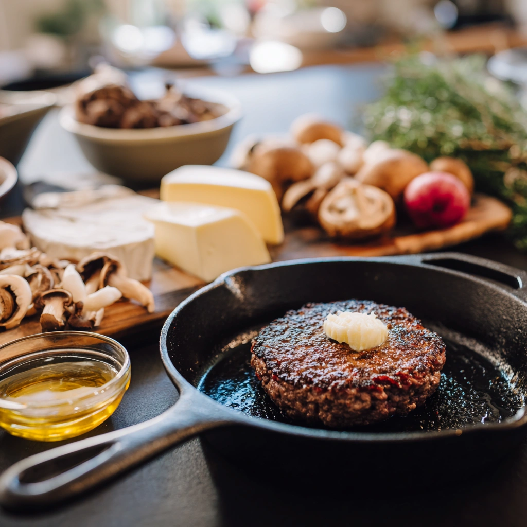 homemade-truffle-burger-prep-castiron.webp homemade truffle burger prep in skillet