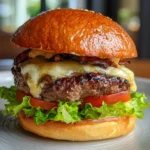 black angus beef gourmet burger with cheese and brioche bun