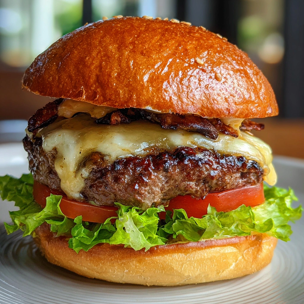black angus beef gourmet burger with cheese and brioche bun