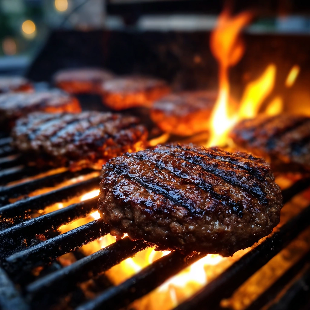 grilling black angus beef gourmet burgers on flame grill