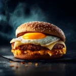 Dramatic shot of Carl’s Jr. Hangover Burger under moody lighting