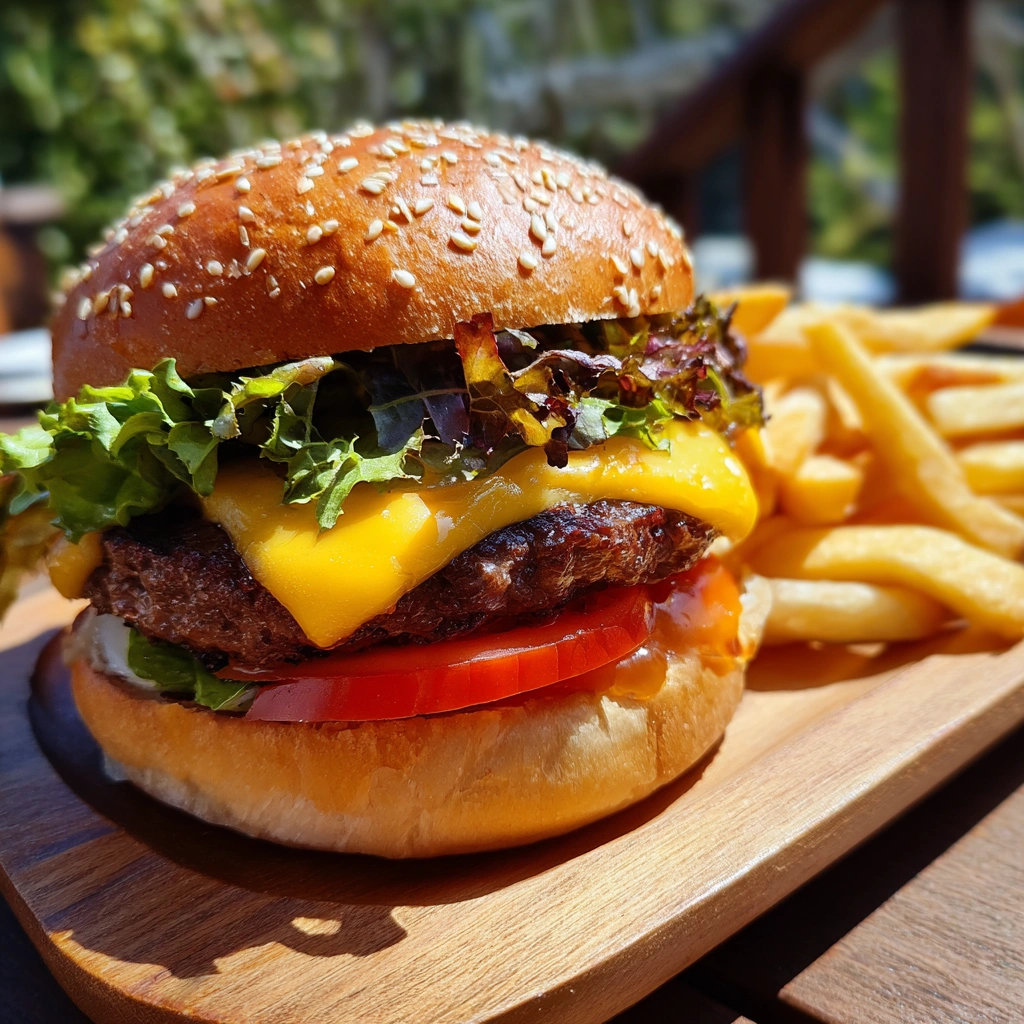 burger and fries on wooden plate close-up