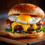Close-up of Fuddruckers Hangover Burger with no bacon