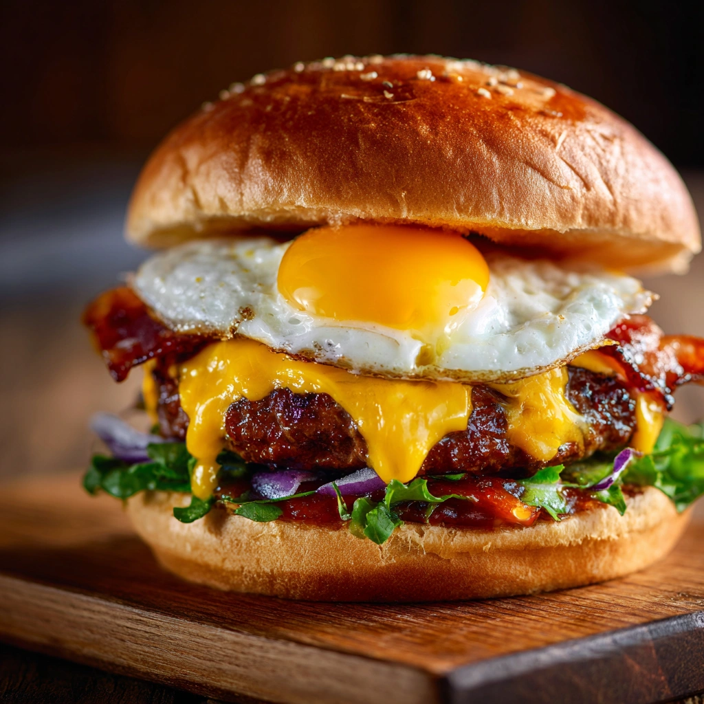 Close-up of Fuddruckers Hangover Burger with no bacon
