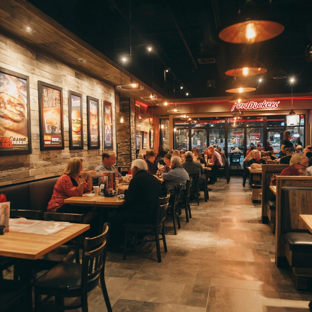 The Hangover Burger Fuddruckers – No Bacon: A Bold Breakdown 6 Interior of a Fuddruckers restaurant with diners