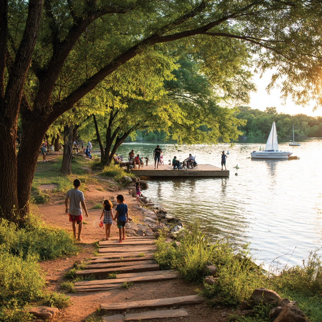 Families relaxing and playing at Burgers Lake on a sunny day