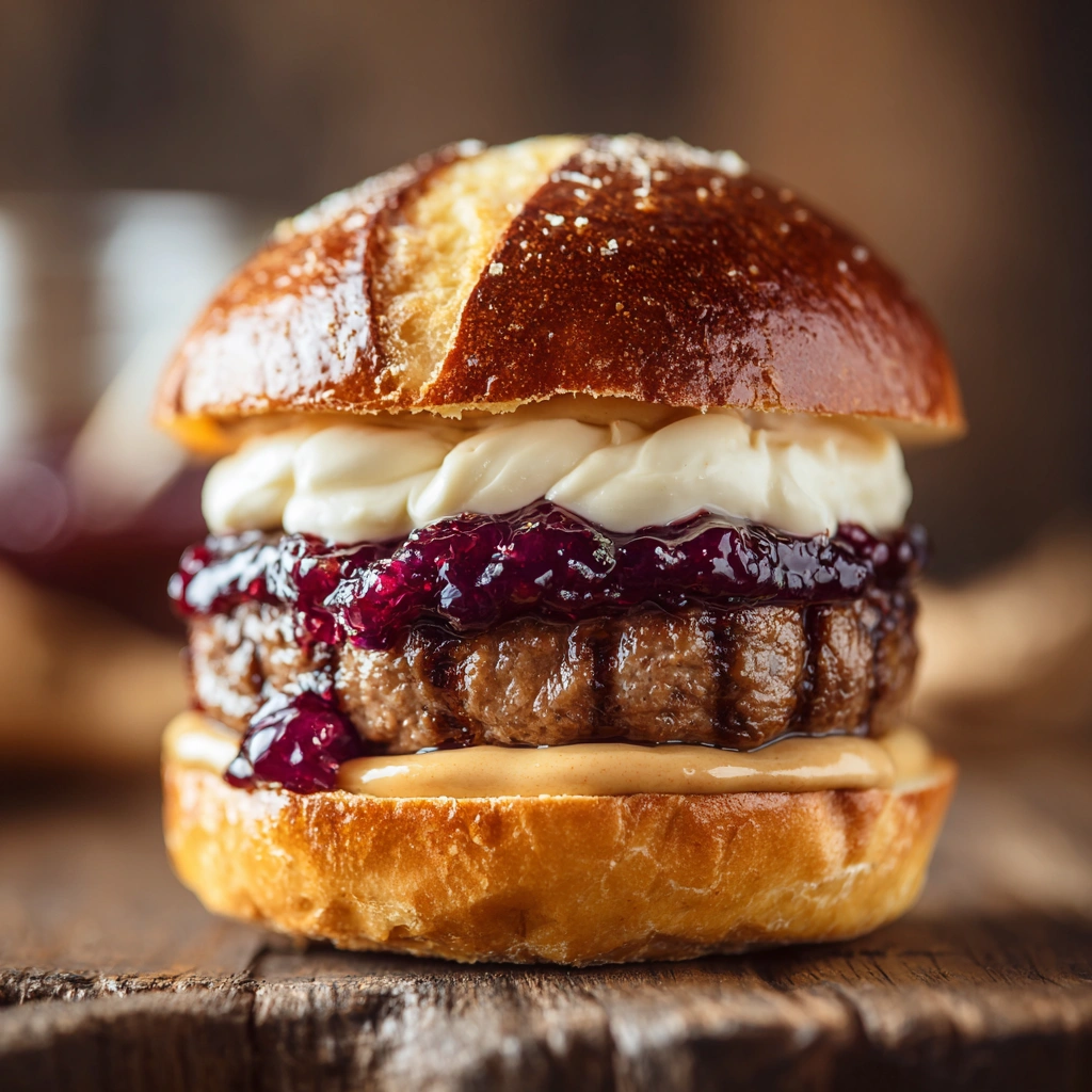 Welcome to Advised Recipes 6 Peanut butter and jelly mayonnaise burger on brioche bun with creamy layers