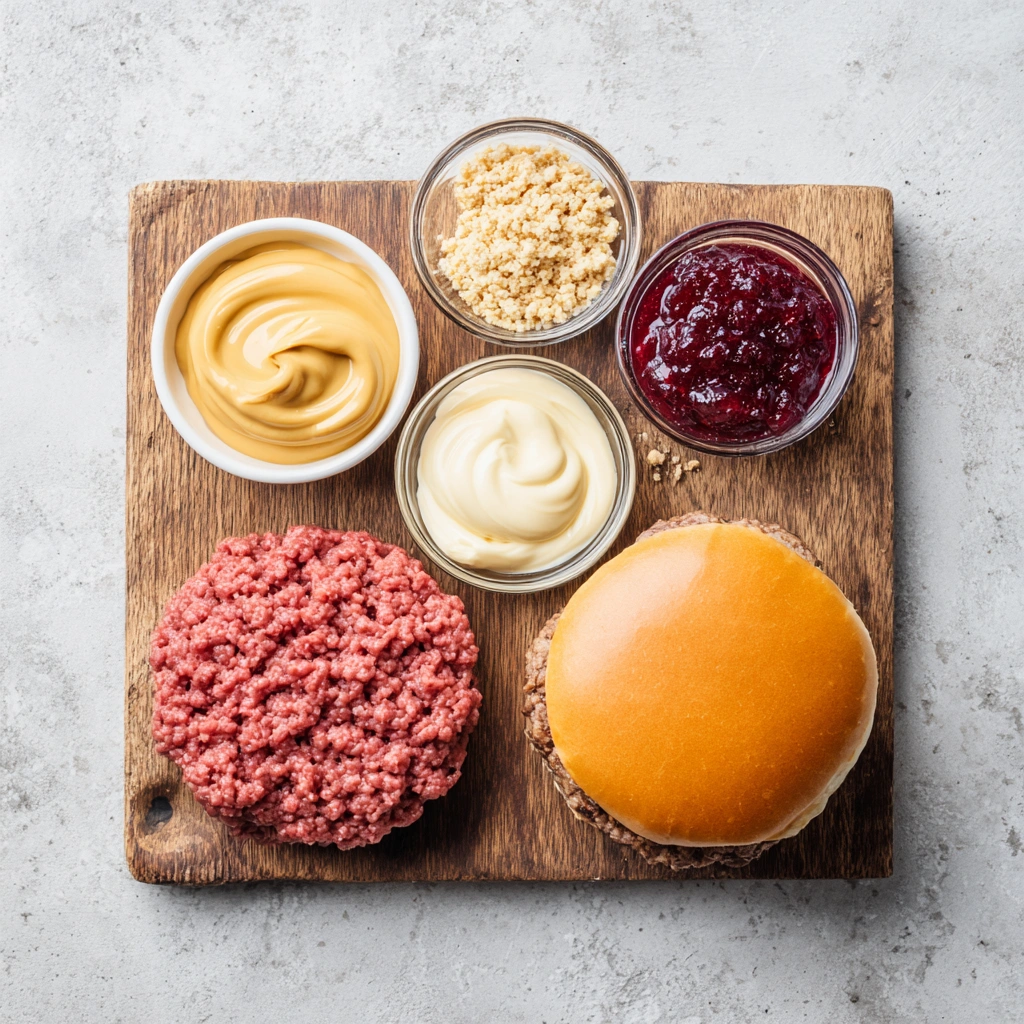 Peanut butter and jelly mayonnaise burger 7 ngredients for peanut butter and jelly mayonnaise burger on a cutting board