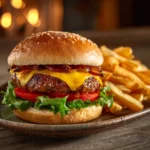 gourmet burgers near me and fries on rustic plate
