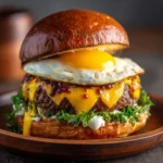 Close-up of hangover burger with egg and cheese on brioche