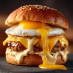 Close-up of Hangover Burger with special sauce on the Hangover Burger dripping from the bun