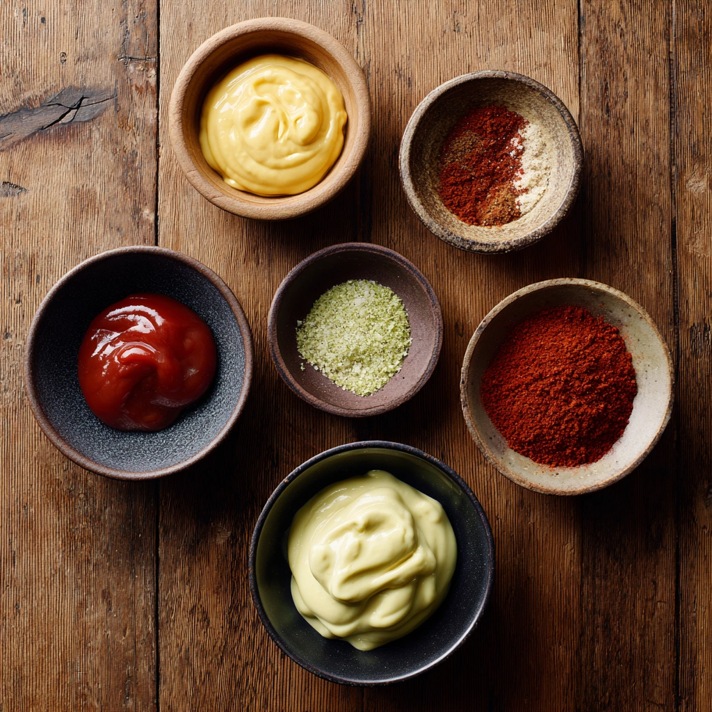 Ingredients for homemade special sauce on a wooden table