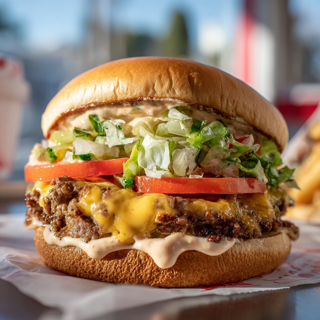 In-N-Out burger with visible spread sauce in center