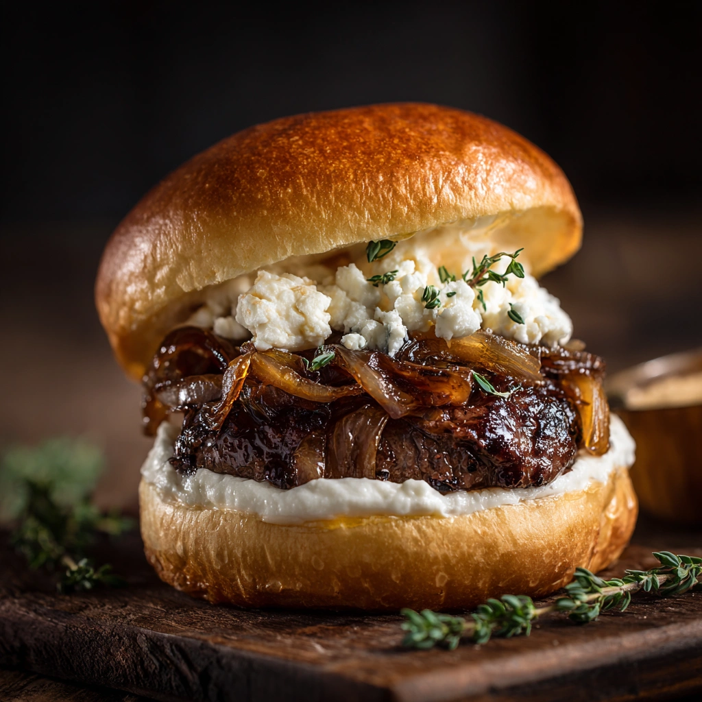 Close-up of a truffle smash burger with goat cheese and caramelized onions