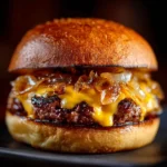 Juicy Wagyu burgers with cheddar and onions on a brioche bun