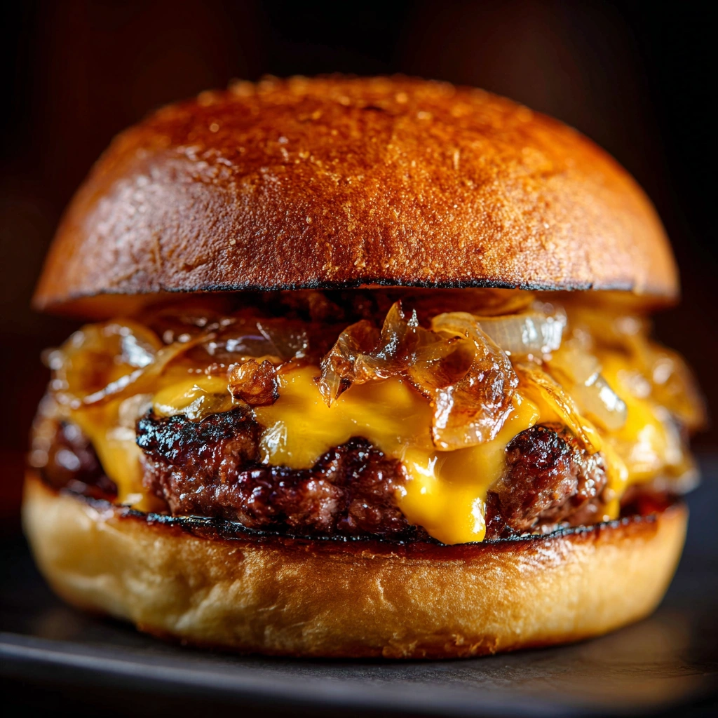 Juicy Wagyu burgers with cheddar and onions on a brioche bun