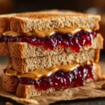 Classic peanut butter and jelly sandwich cut in half