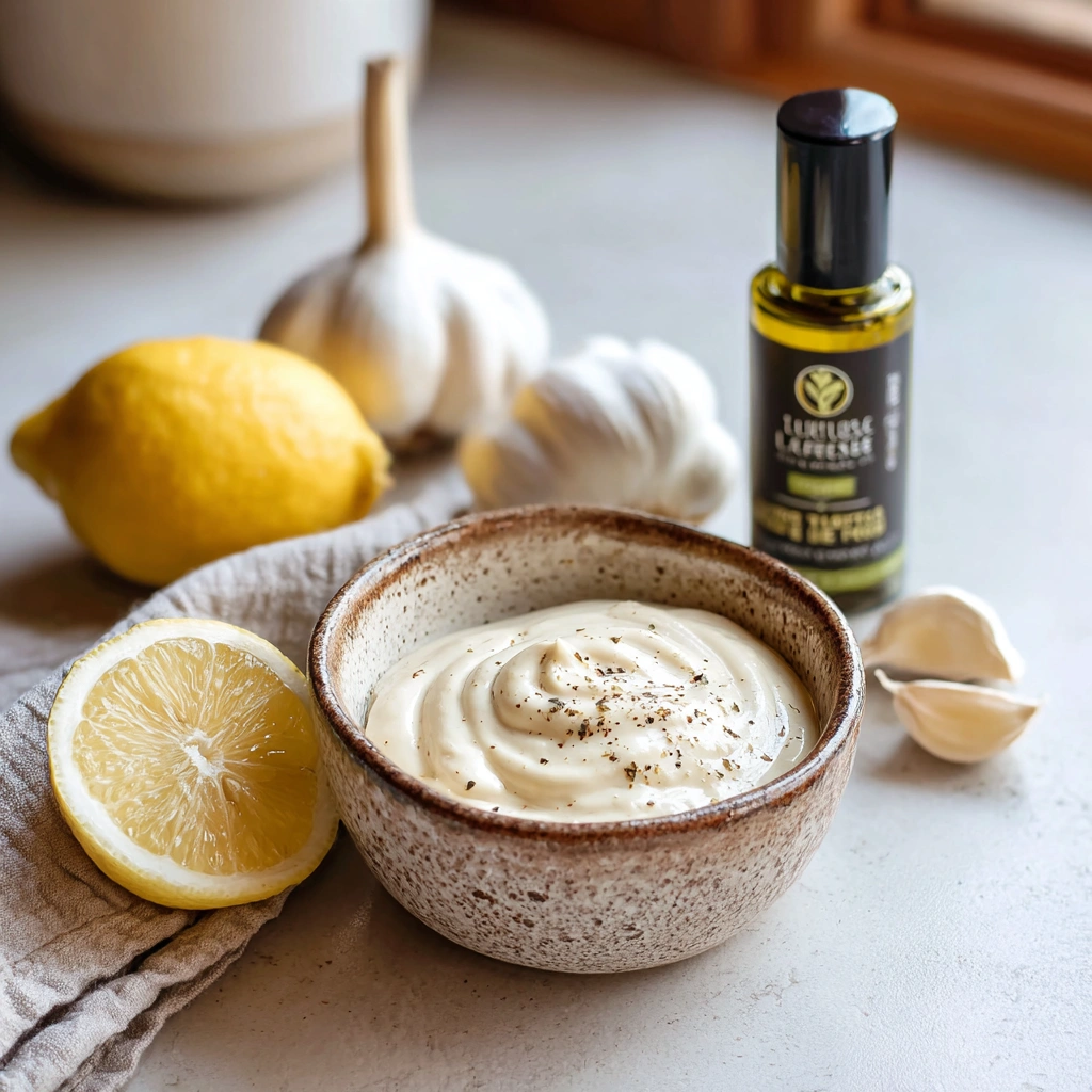 Creamy truffle burger sauce in a bowl with ingredients