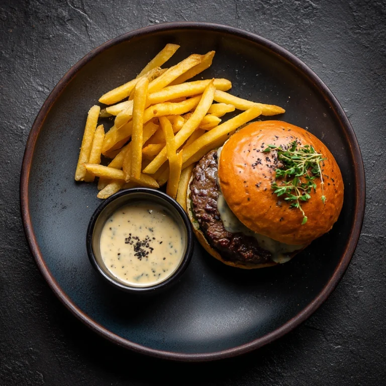 Truffle burger with fries and truffle sauce on a serving plate