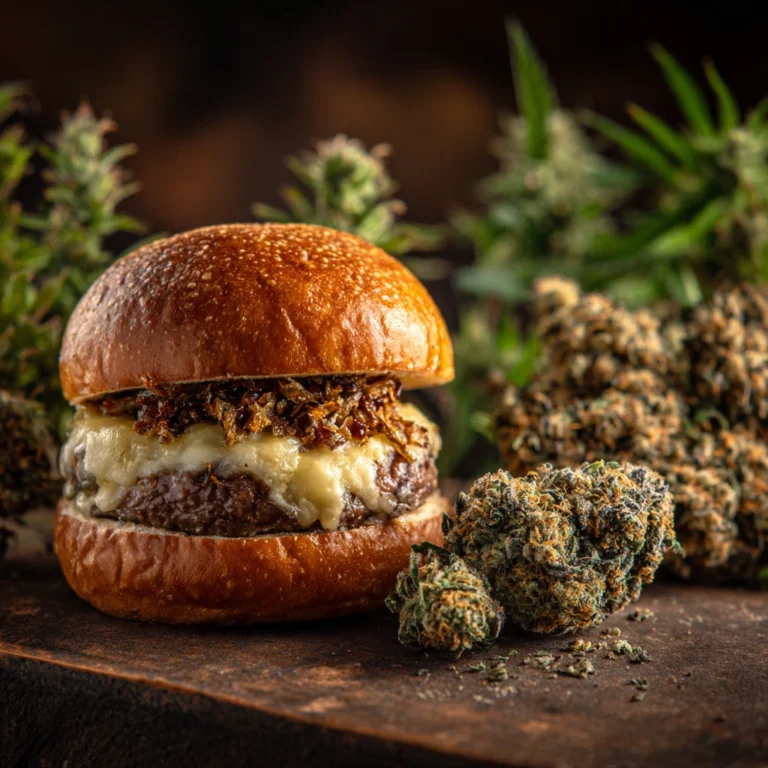 Truffle burger served next to Truffle Burger cannabis bud on a rustic table