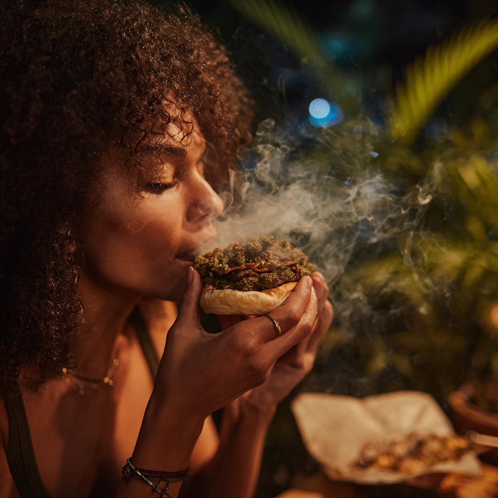 Person enjoying Truffle Burger strain in a calm evening setting
