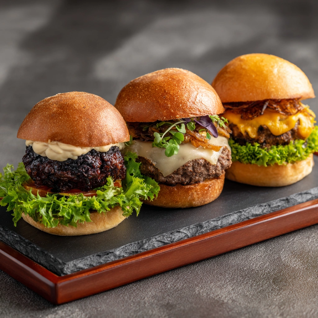 Gourmet truffle burgers including Wagyu, Kobe, and plant-based