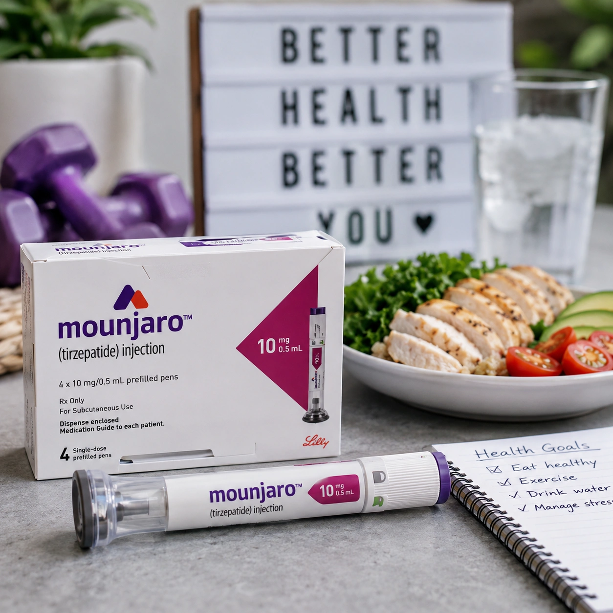 Mounjaro tirzepatide injection pen and medication box beside healthy food, water, and fitness items representing diabetes management and weight loss support