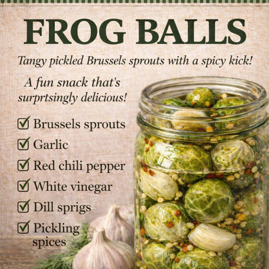 Vintage farmhouse recipe card for Frog Balls, a jar of pickled Brussels sprouts with garlic and chili peppers on a rustic table.
