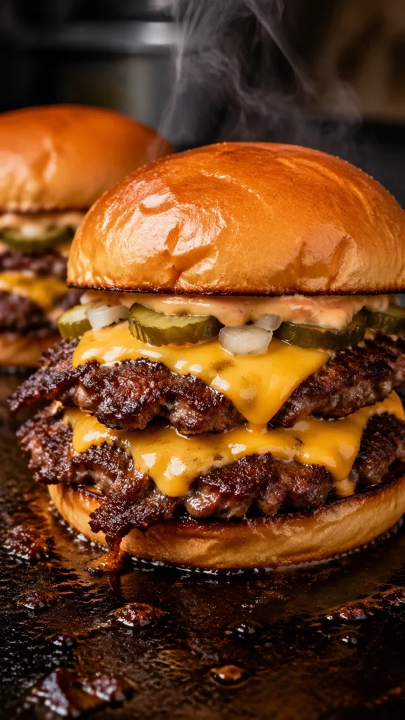Close-up smash burger on griddle with melted cheddar cheese, crispy beef patties, toasted brioche bun, steam rising, and blurred kitchen background.