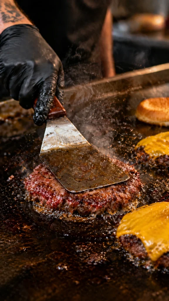 Chef smashing burger patty on hot griddle with metal spatula, sizzling beef, steam, melted cheese nearby, and restaurant kitchen setting.